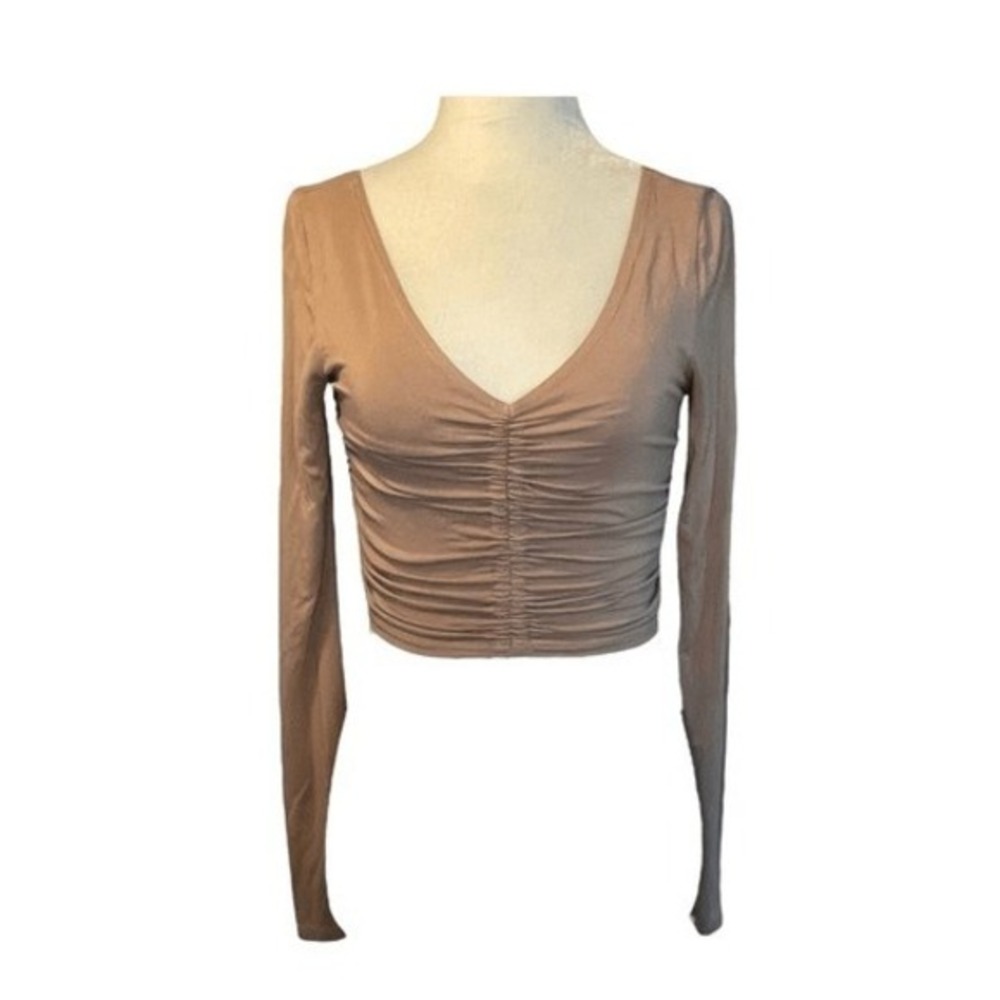 Publik‎ Annalise Ruched  V-Neck Top Caramel Brown Ribbed Knit Long Sleeve S
